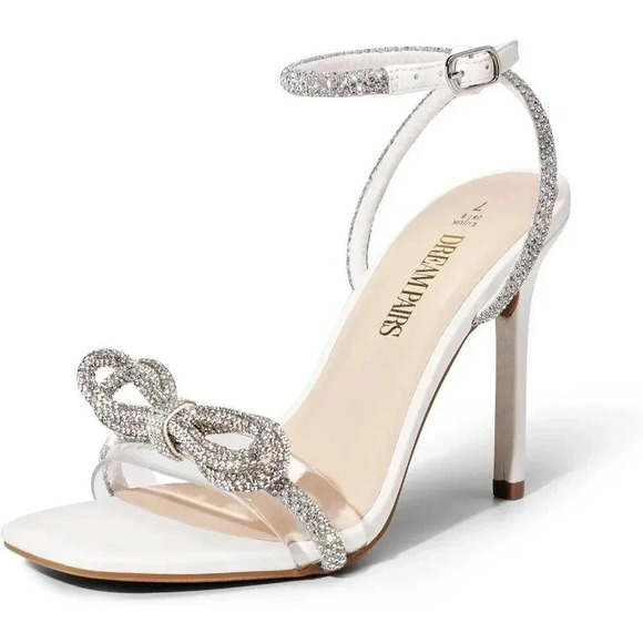 Women's White Double Bowknots Crystal Sandals Clear Slingback Heels - Picture 1 of 7